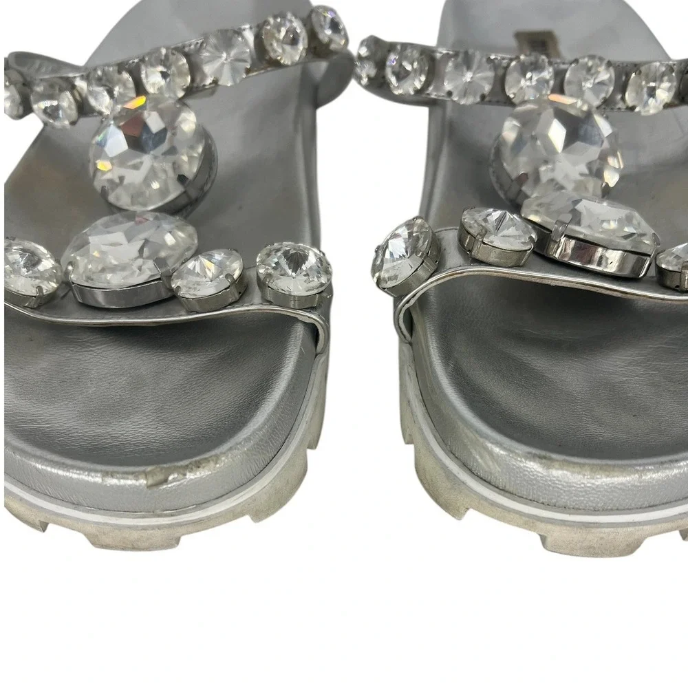 Miu Miu Argento Crystal Embellished Platform Slide Sandals Silver Size 39.5